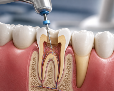 High-quality dental illustration showing a root canal treatment procedure on a molar tooth with a detailed cross-sectional view of the tooth anatomy and a dental instrument cleaning the infected root canal in a modern clinical setting.