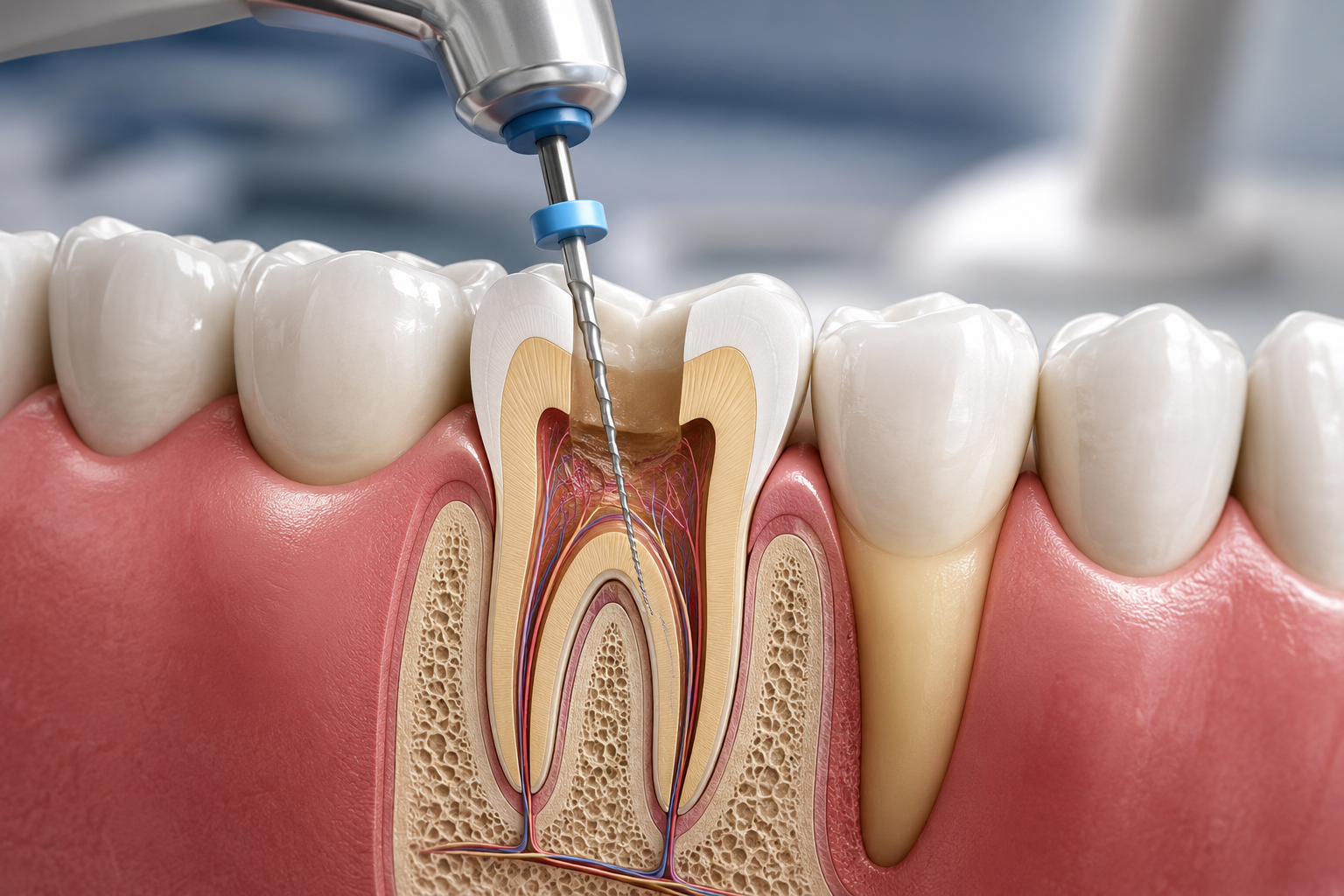 High-quality dental illustration showing a root canal treatment procedure on a molar tooth with a detailed cross-sectional view of the tooth anatomy and a dental instrument cleaning the infected root canal in a modern clinical setting.